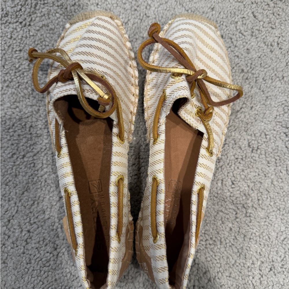 Brand new Sperry White and Tan/gold Espadrille Loafers, size 5